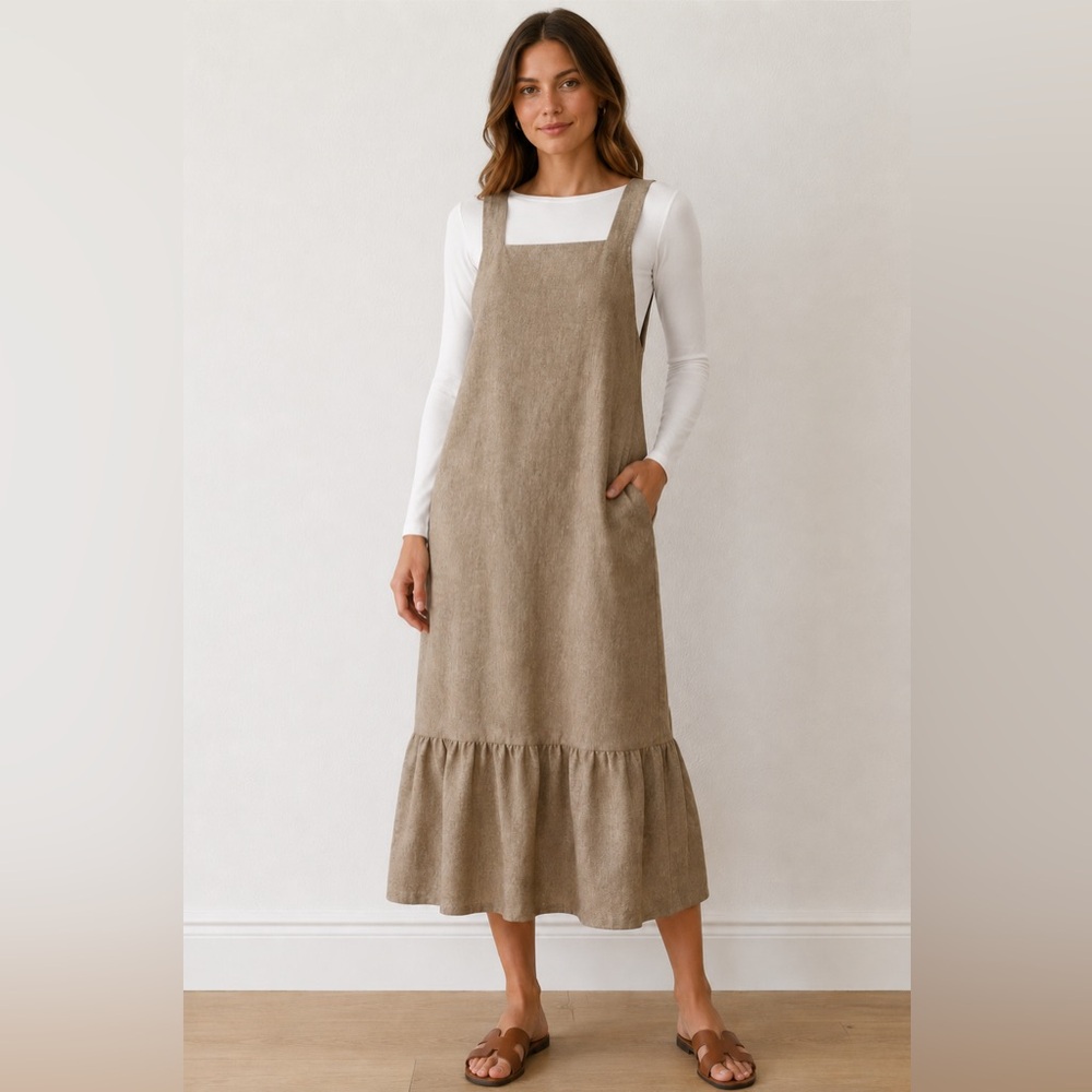 Zara Pinafore Dress Maxi Midi Peasant‎ Cottagecore Taupe Sz XS Relaxed Fit